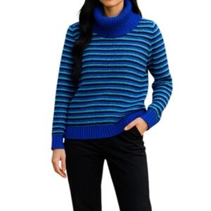 TALBOTS Lambswool Stripe Turtleneck Knit Sweater Cornflower Blue Chunky Prep M